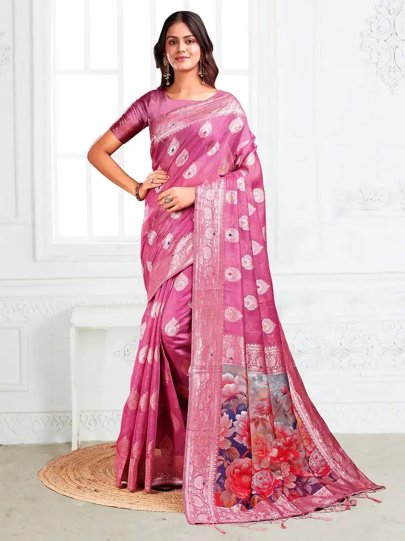 Rose pink floral linen cotton saree with zari border & digital printed pallu