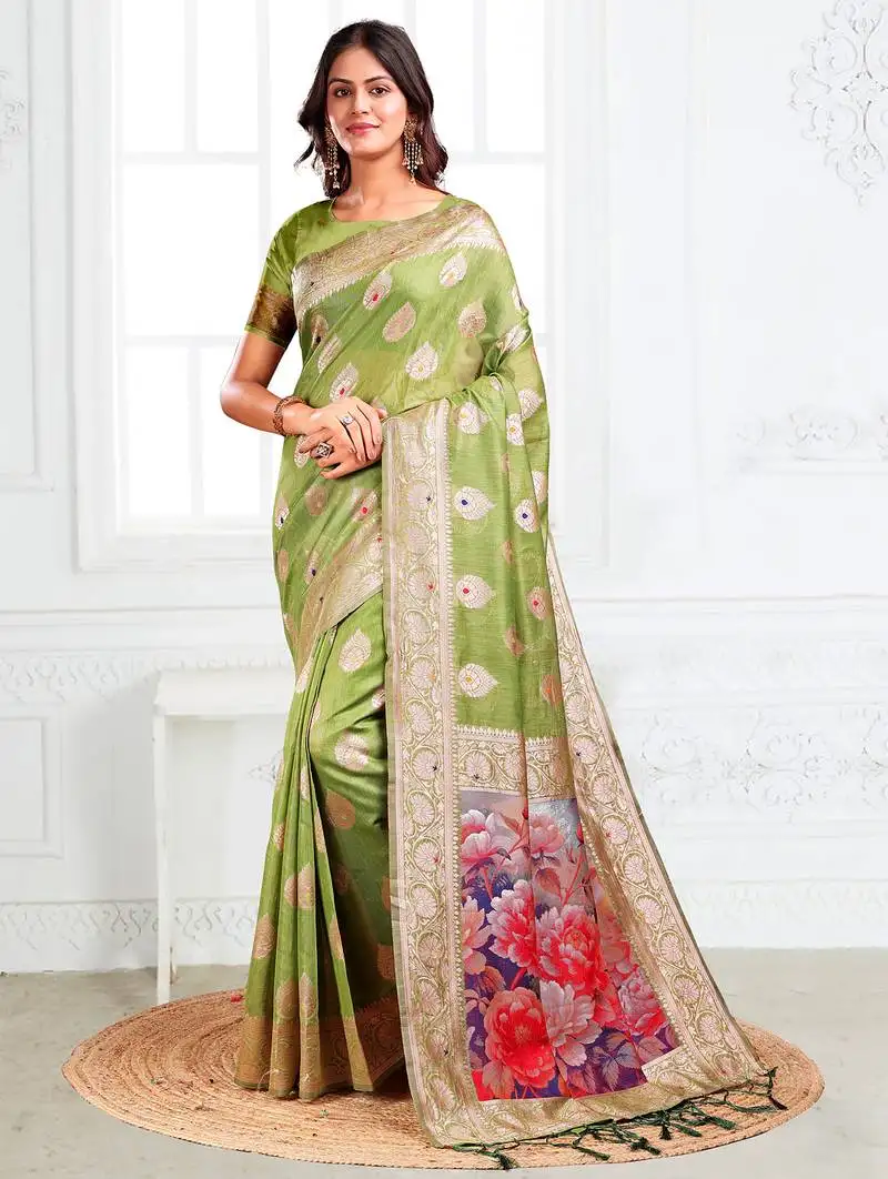 Green floral linen cotton saree with zari border & digital printed pallu