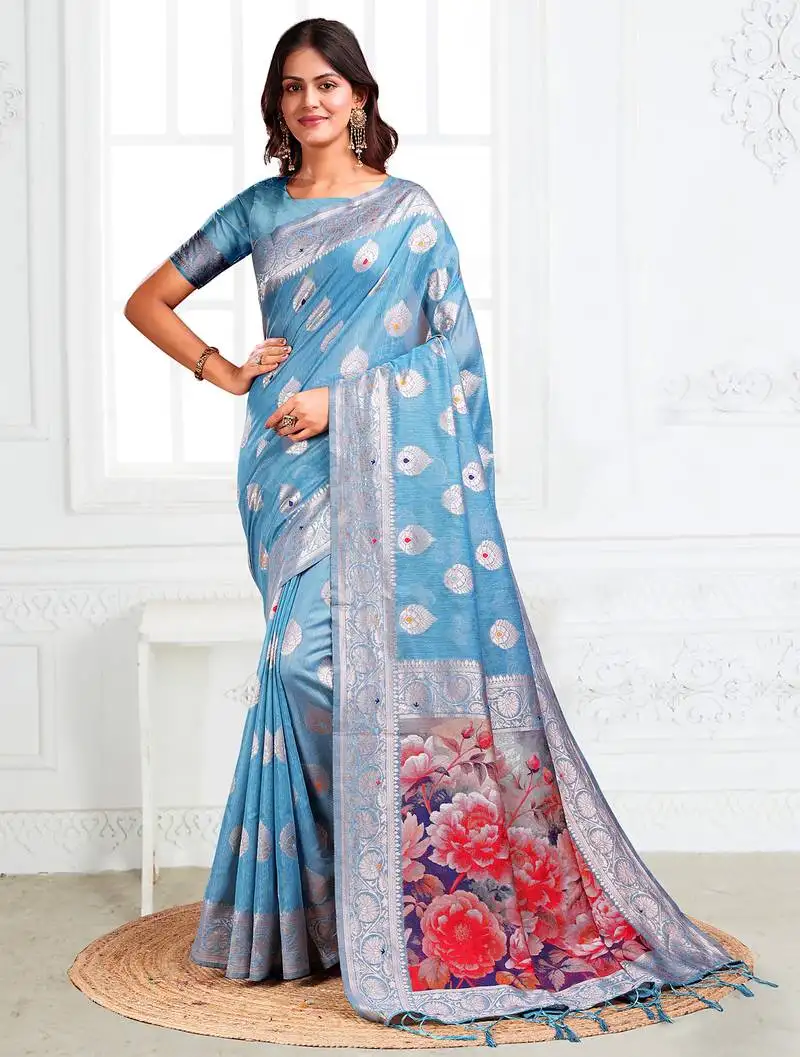 Sky blue floral linen cotton saree with zari border & digital printed pallu