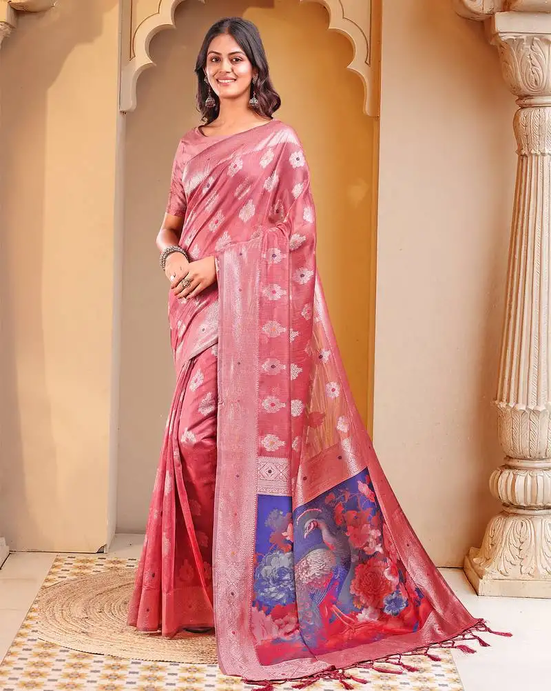 Peach floral linen cotton saree with zari border & digital printed pallu