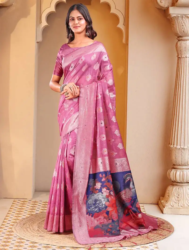 Pink floral linen cotton saree with zari border & digital printed pallu