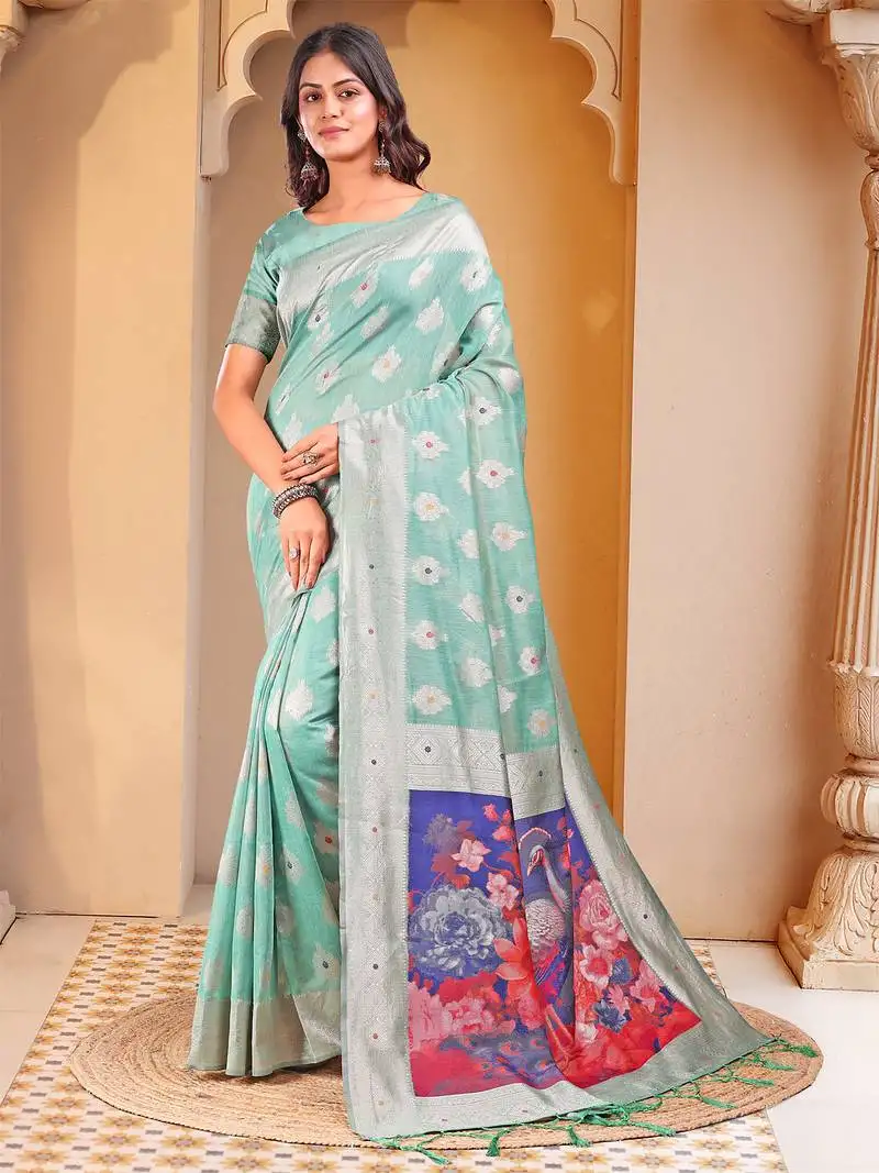 Rose sea green floral linen cotton saree with zari border & digital printed pallu
