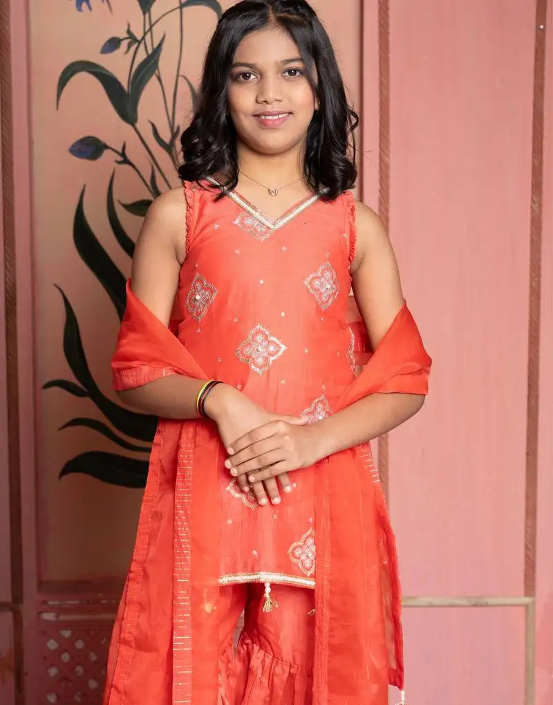 Orange embroidered chanderi sharara set