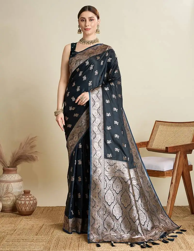 Black satin soft silk blend saree with dark zari border and all over woven motifs