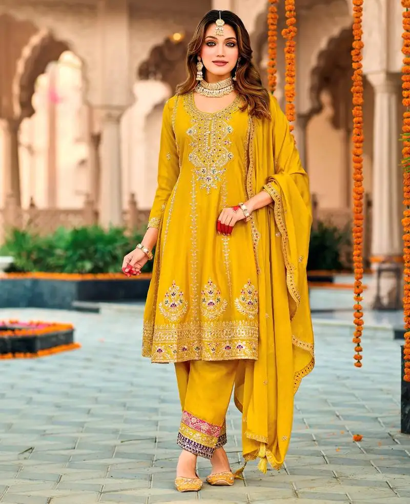 Yellow embroidered chinon pakistani salwar suit semi stitched