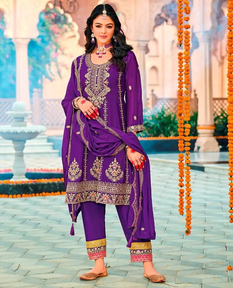 Purple embroidered chinon pakistani salwar suit semi stitched
