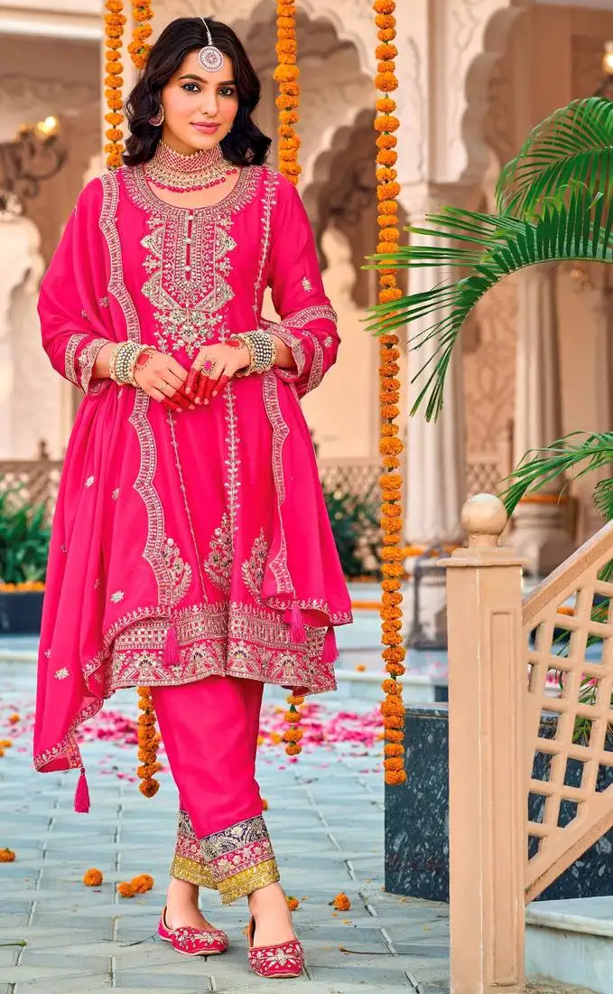 Pink embroidered chinon pakistani salwar suit semi stitched