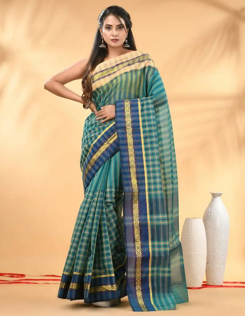 Teal bengal tant pure cotton saree with zari border