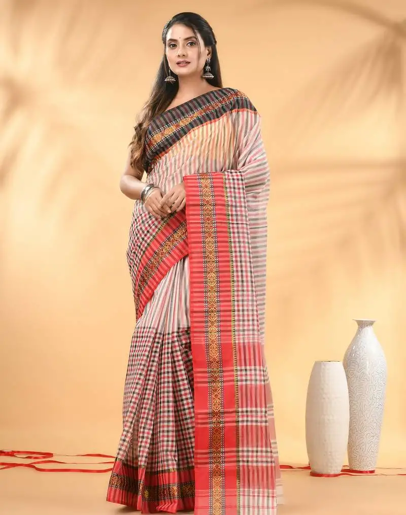 White bengal tant pure cotton saree with zari border