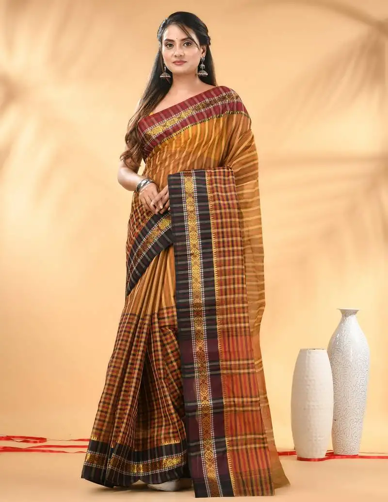 Mustard bengal tant pure cotton saree with zari border