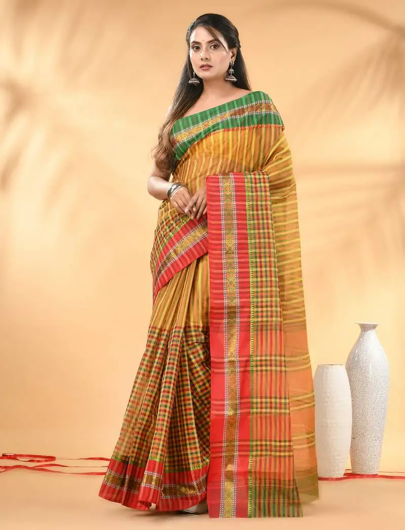 Yellow bengal tant pure cotton saree with zari border