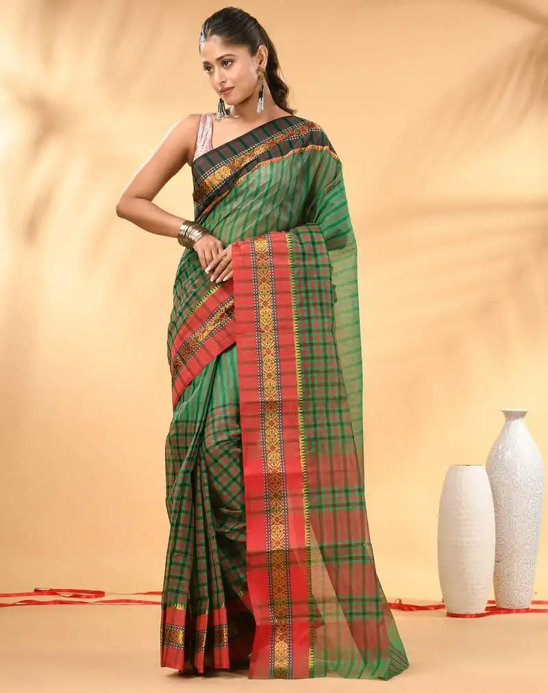 Green bengal tant pure cotton saree with zari border
