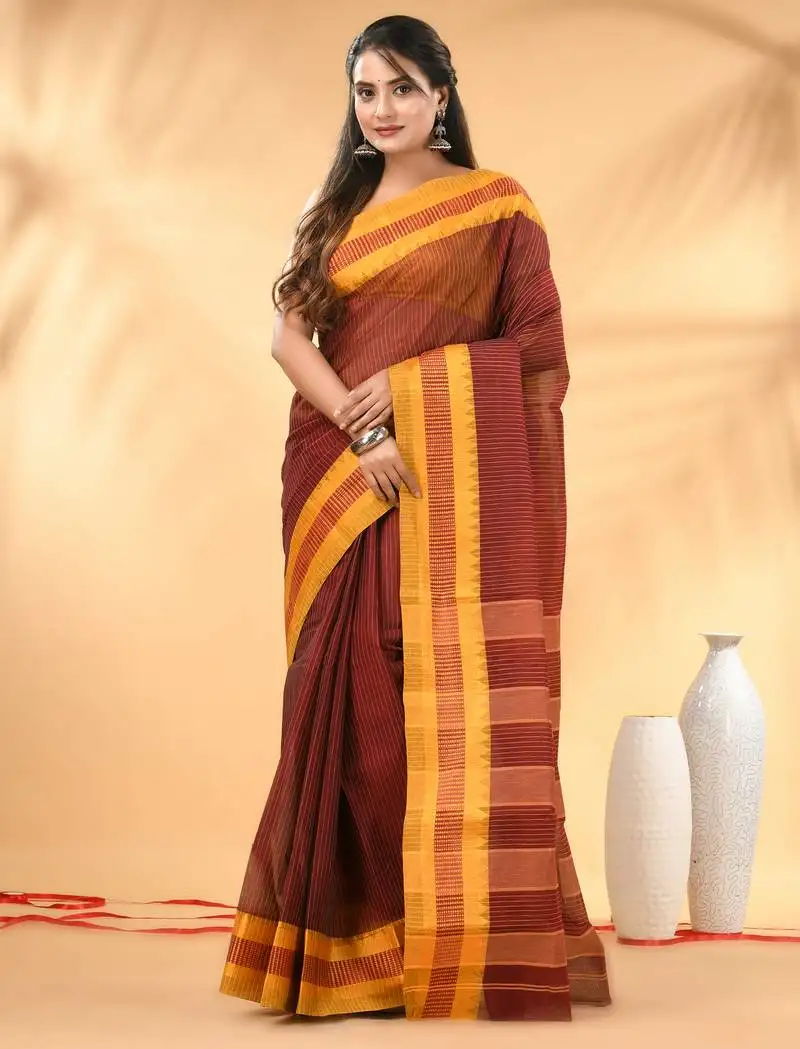 Maroon bengal tant pure cotton saree with yellow border