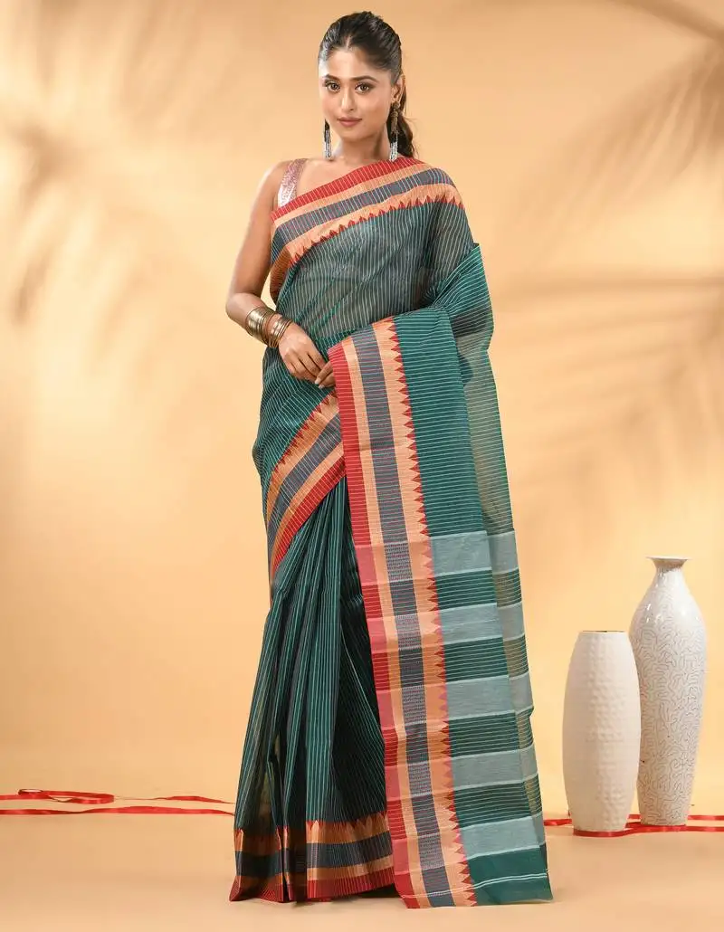 Teal bengal tant pure cotton saree with red border
