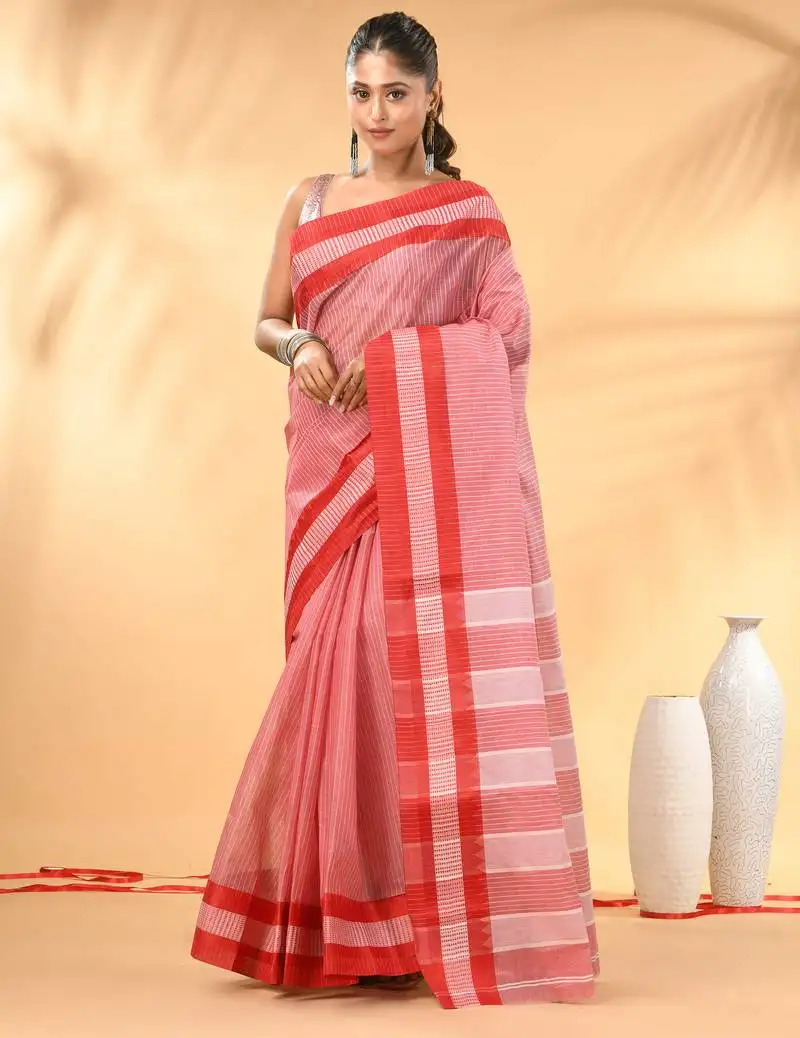 Red bengal tant pure cotton saree with red border