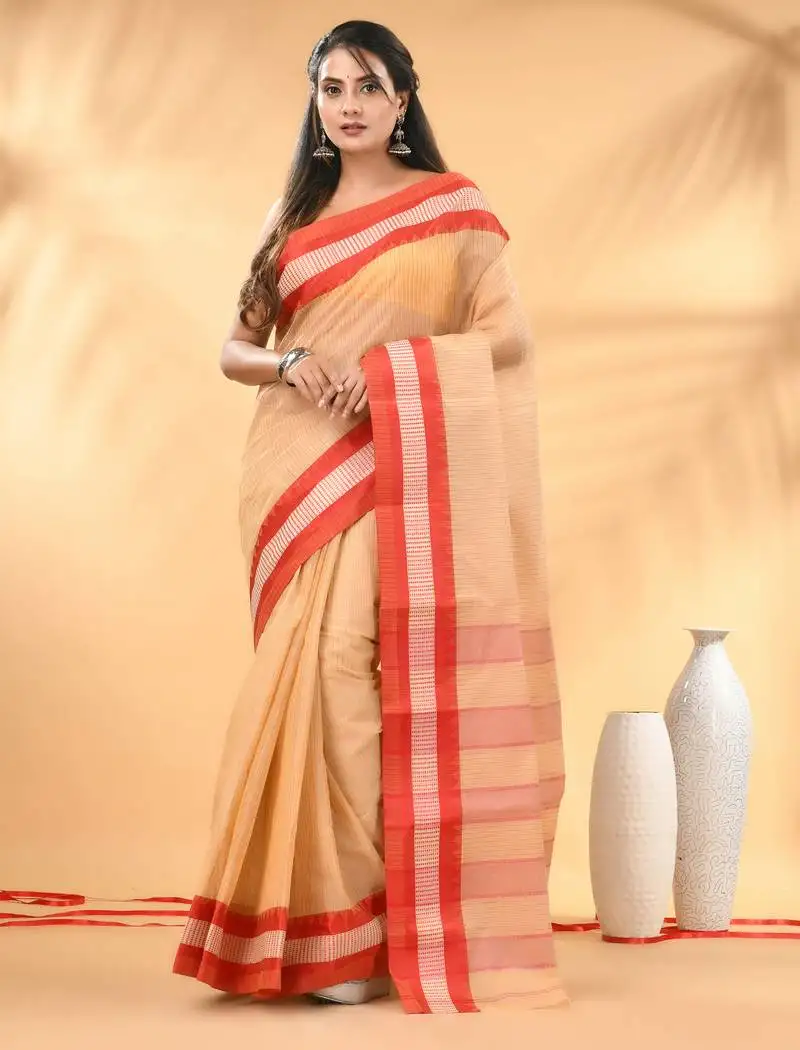 Beige bengal tant pure cotton saree with red border