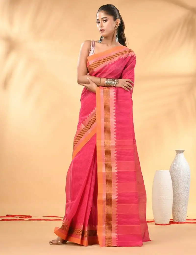Pink bengal tant pure cotton saree with yellow border