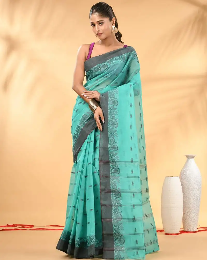 Mint green tant pure cotton saree with charcoal woven border