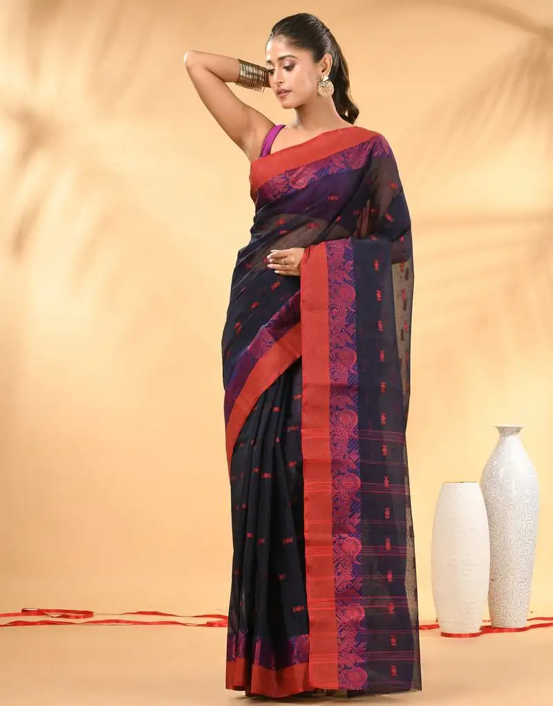 Midnight blue tant pure cotton saree with magenta woven border