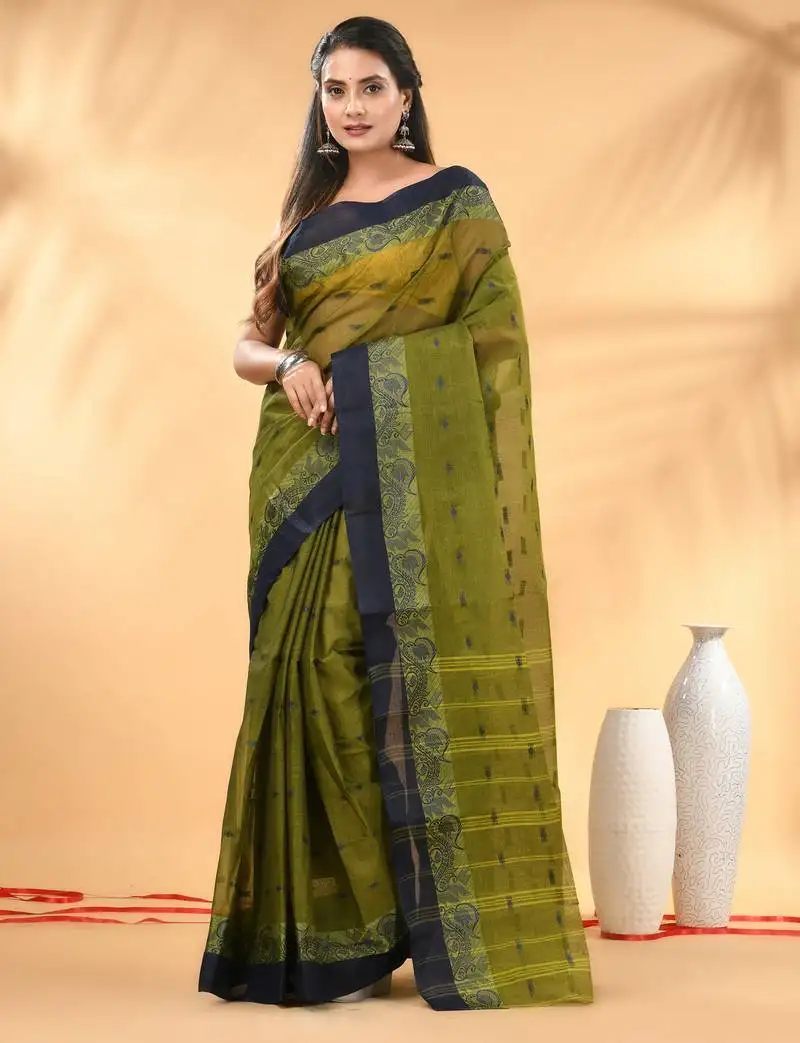 Olive green tant pure cotton saree with navy blue woven border