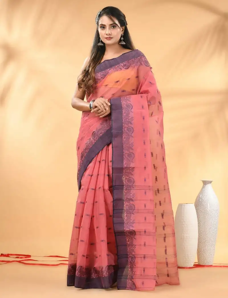Peach pink tant pure cotton saree with violet woven border