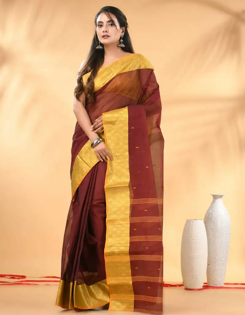 Maroon tant pure cotton saree with zari border
