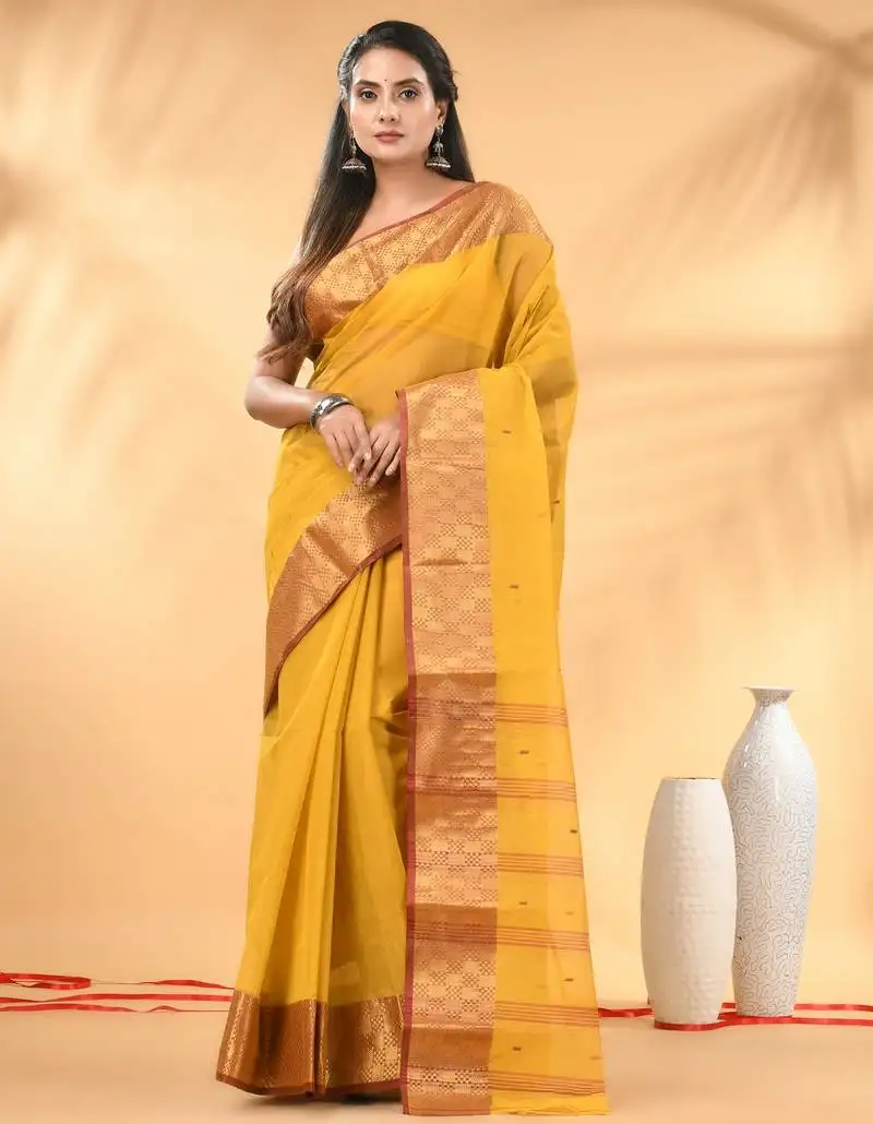 Yellow tant pure cotton saree with zari border