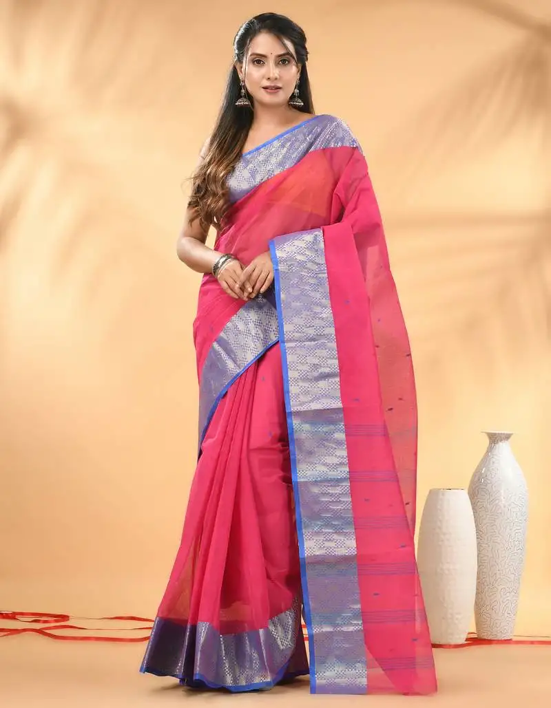 Pink tant pure cotton saree with zari border