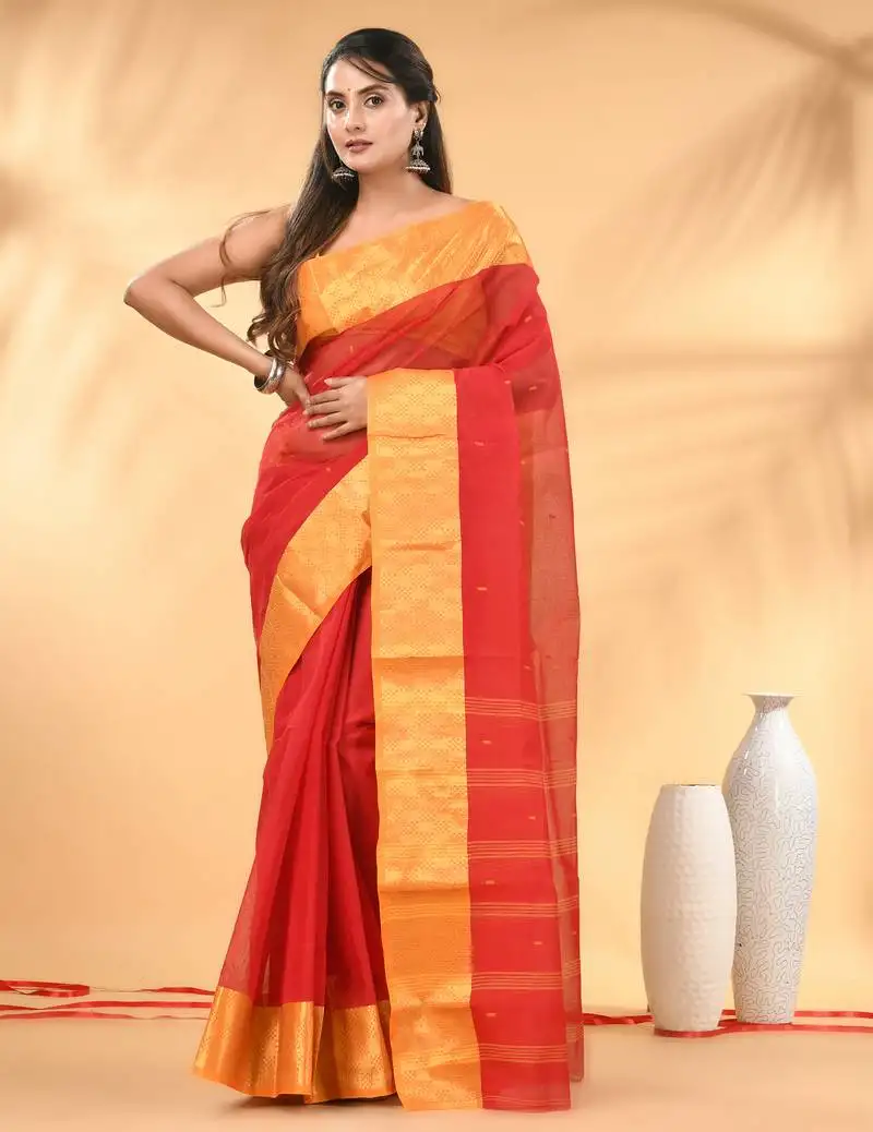 Red tant pure cotton saree with zari border