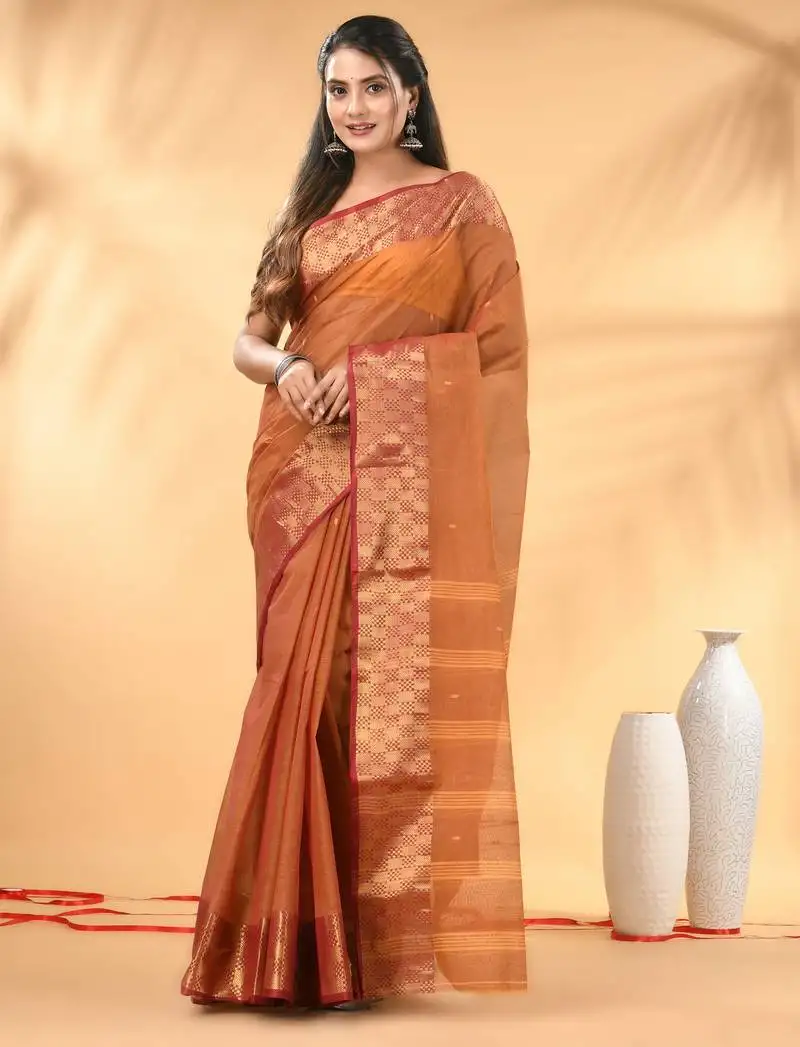 Brown tant pure cotton saree with zari border