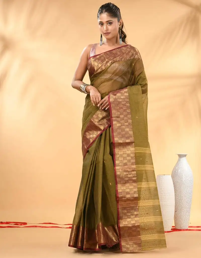 Olive green tant pure cotton saree with zari border