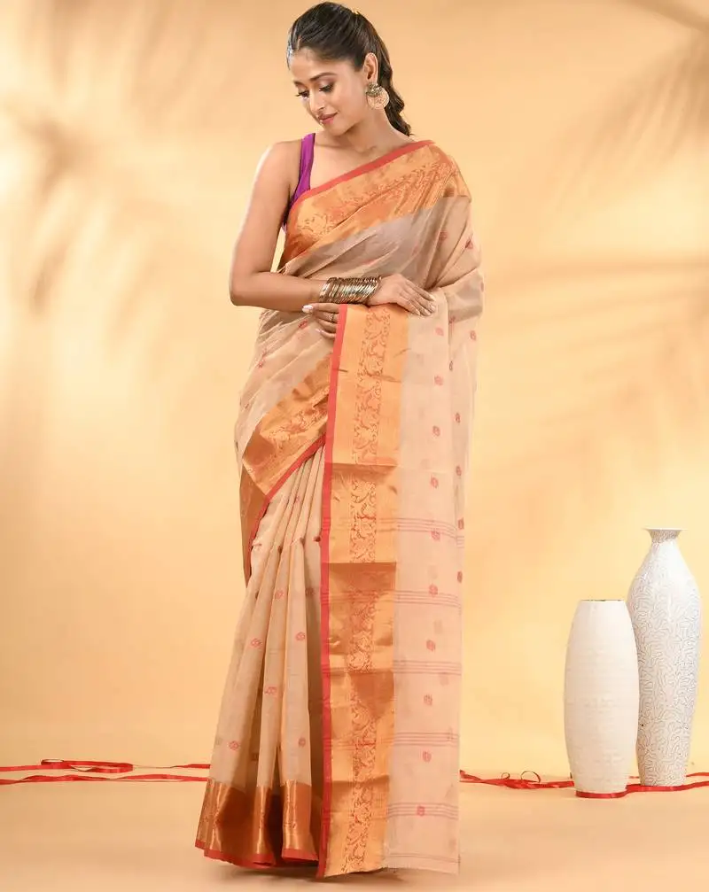 Beige tant pure cotton saree with zari border