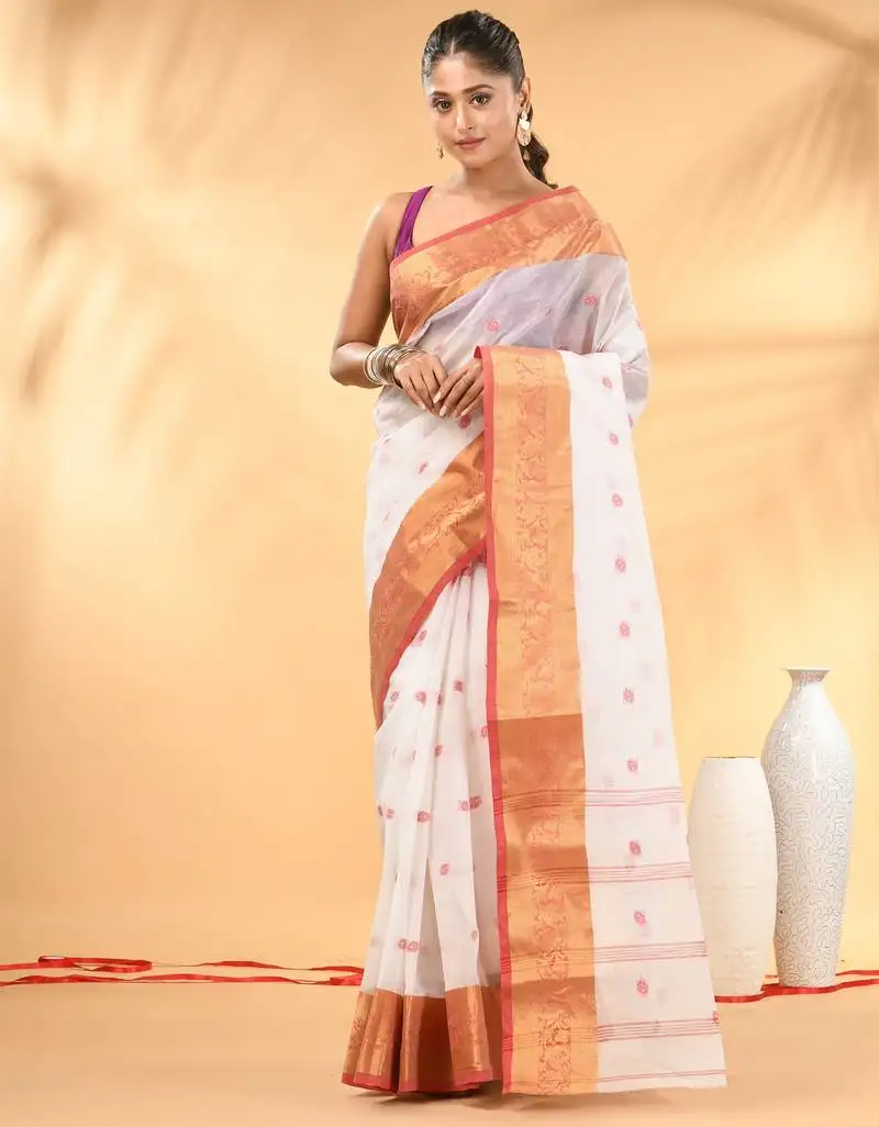 White tant pure cotton saree with zari border