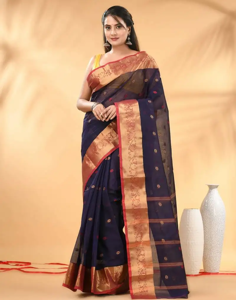 Navy blue tant pure cotton saree with zari border