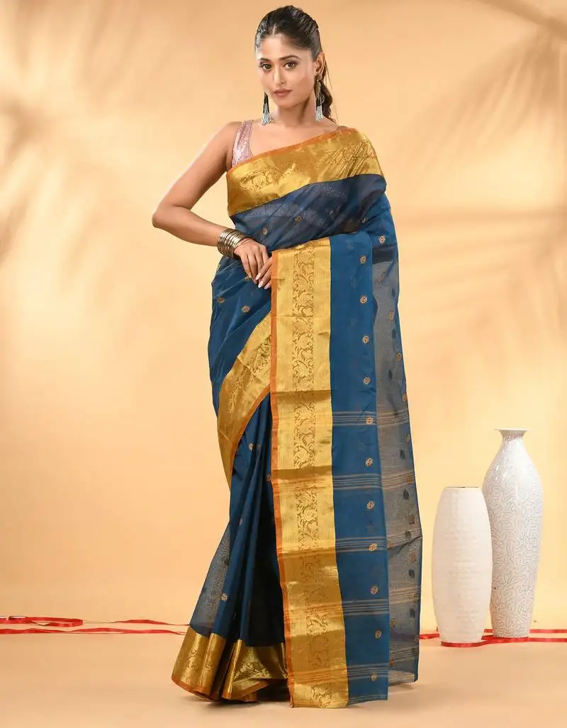 Sapphire blue tant pure cotton saree with rich golden zari border & pallu
