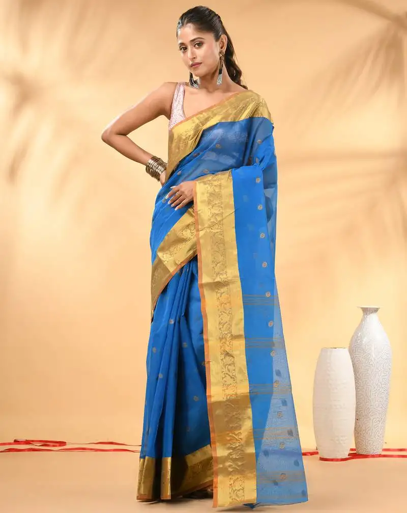 Sky blue tant pure cotton saree with zari border