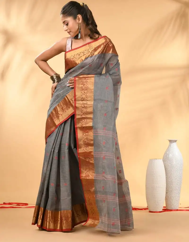 Grey tant pure cotton saree with zari border