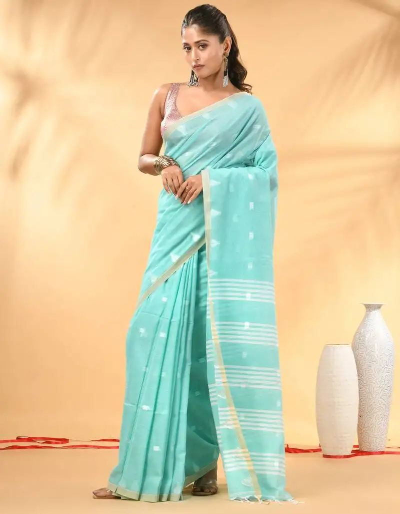 Aqua blue soft cotton saree with subtle striped pallu