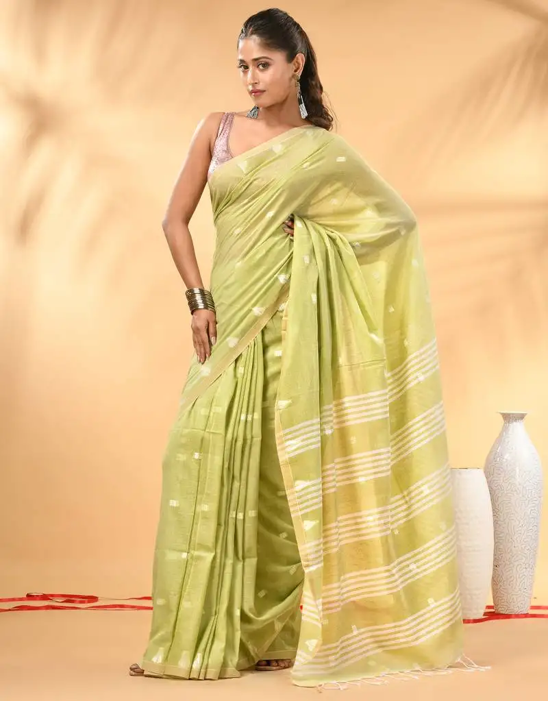 Lime green soft cotton saree with subtle striped pallu