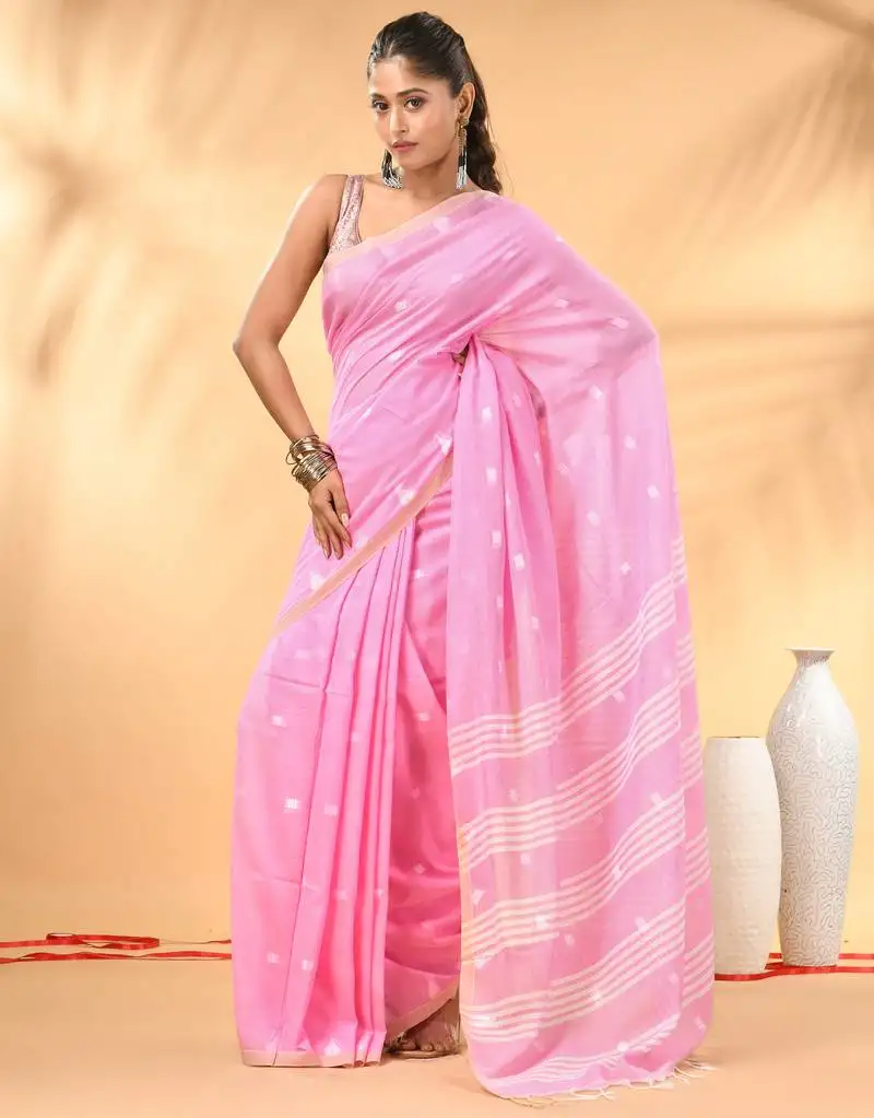 Pink soft cotton saree with subtle striped pallu