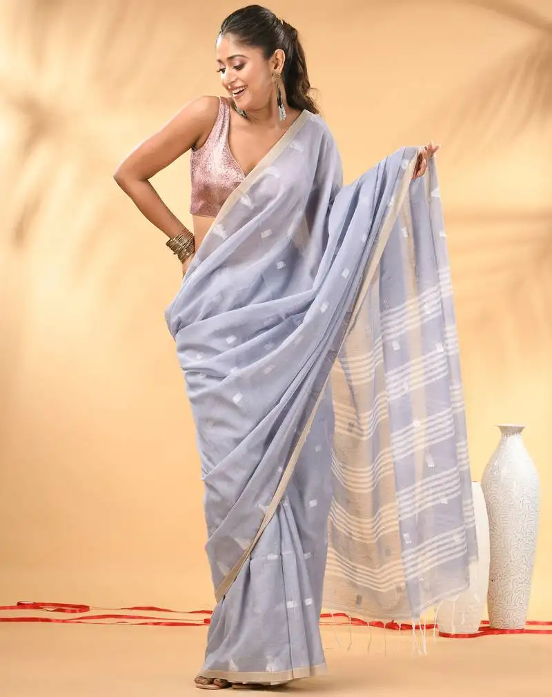 Grey soft cotton saree with subtle striped pallu