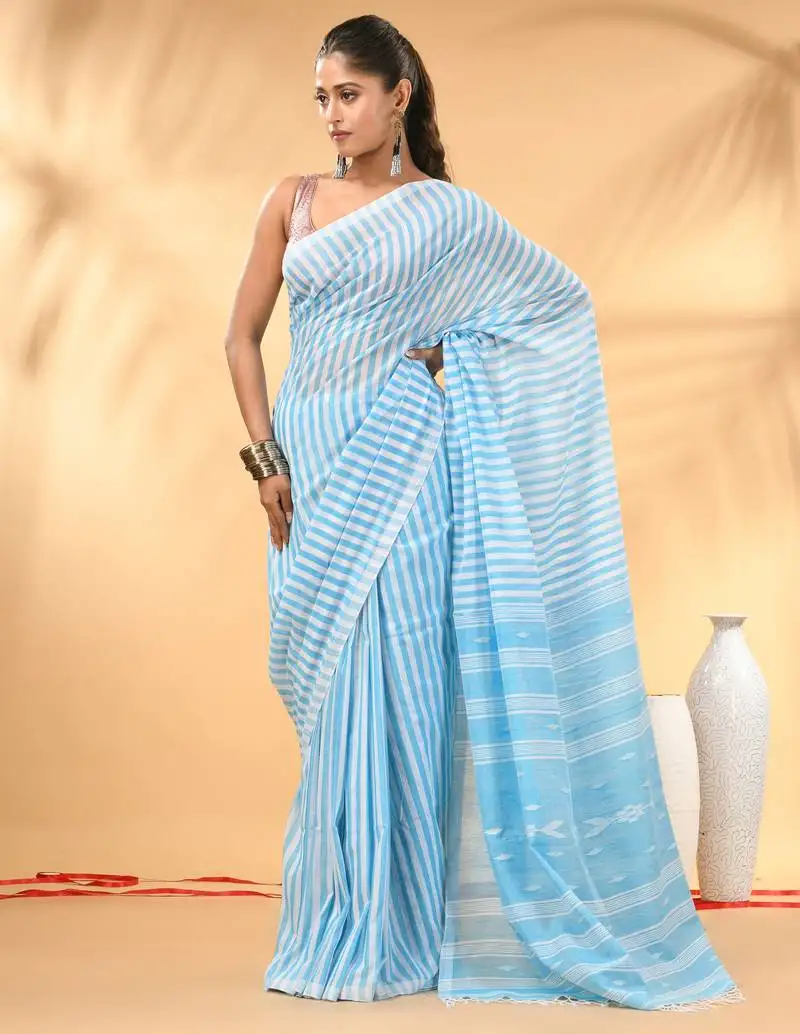 Lavender and white handwoven cotton saree with all-over stripes and textured pallu