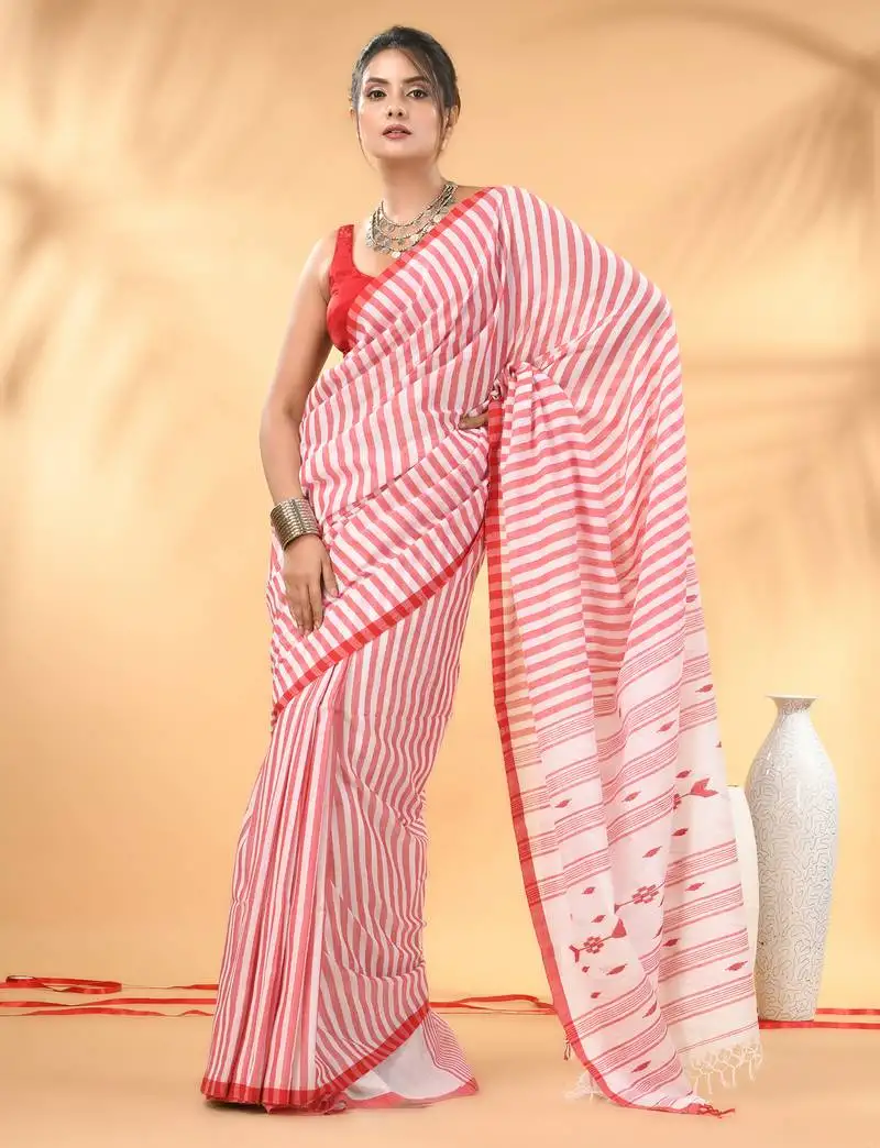 White and red handwoven cotton saree with all-over stripes and textured pallu