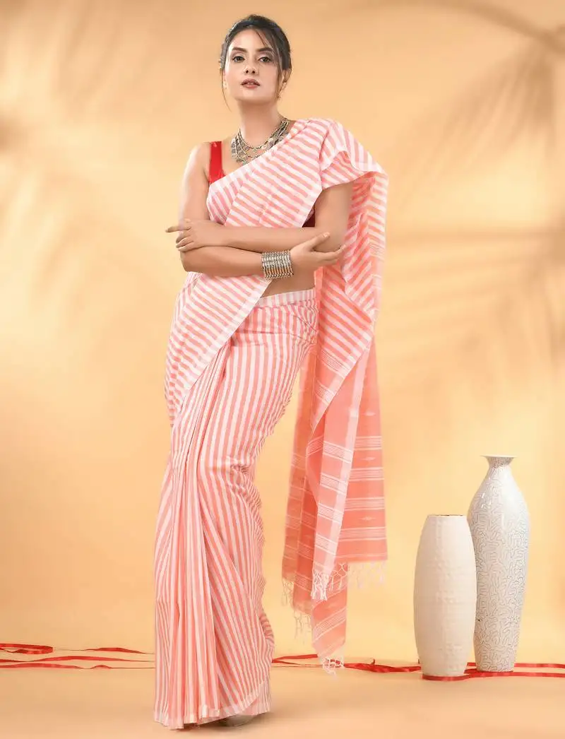 Peach and white handwoven cotton saree with all-over stripes and textured pallu