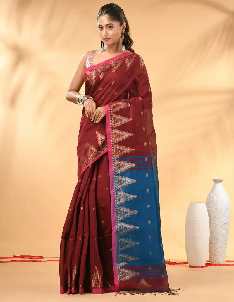 Maroon and blue cotton blend saree with ethnic motifs