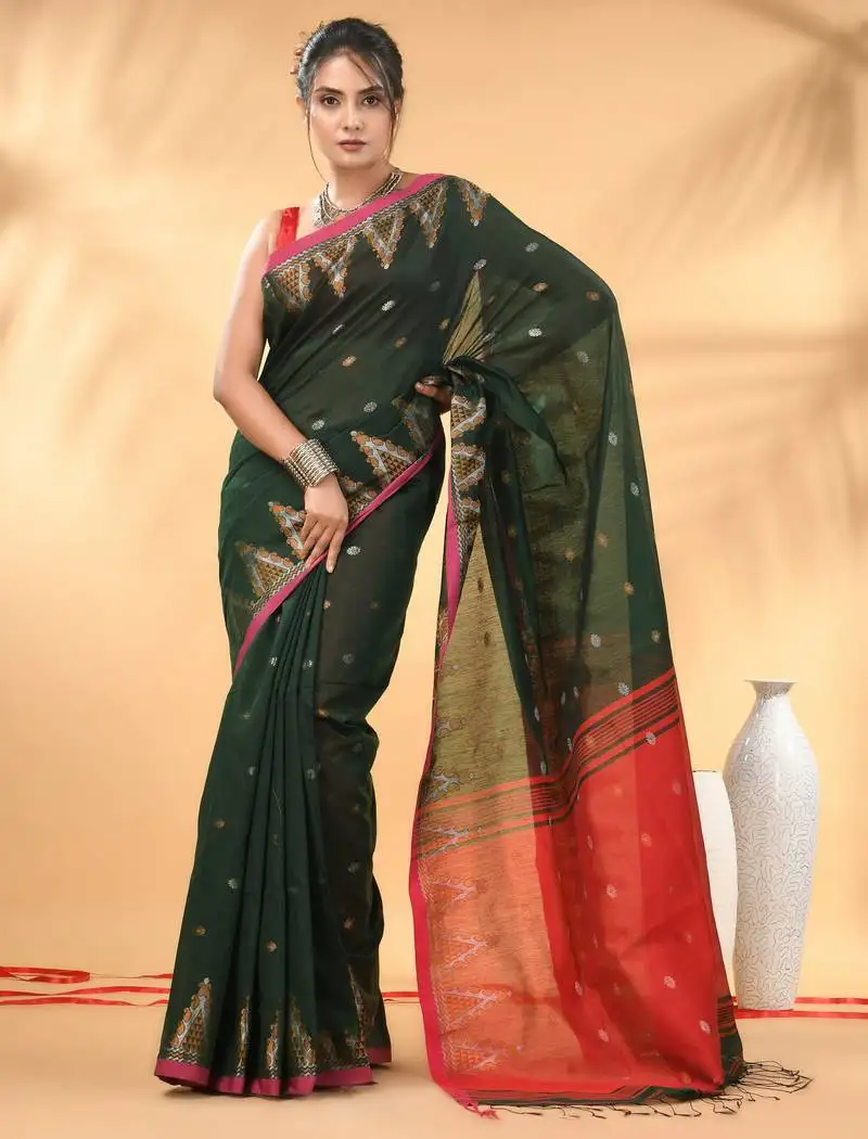 Green and red cotton blend saree with ethnic motifs