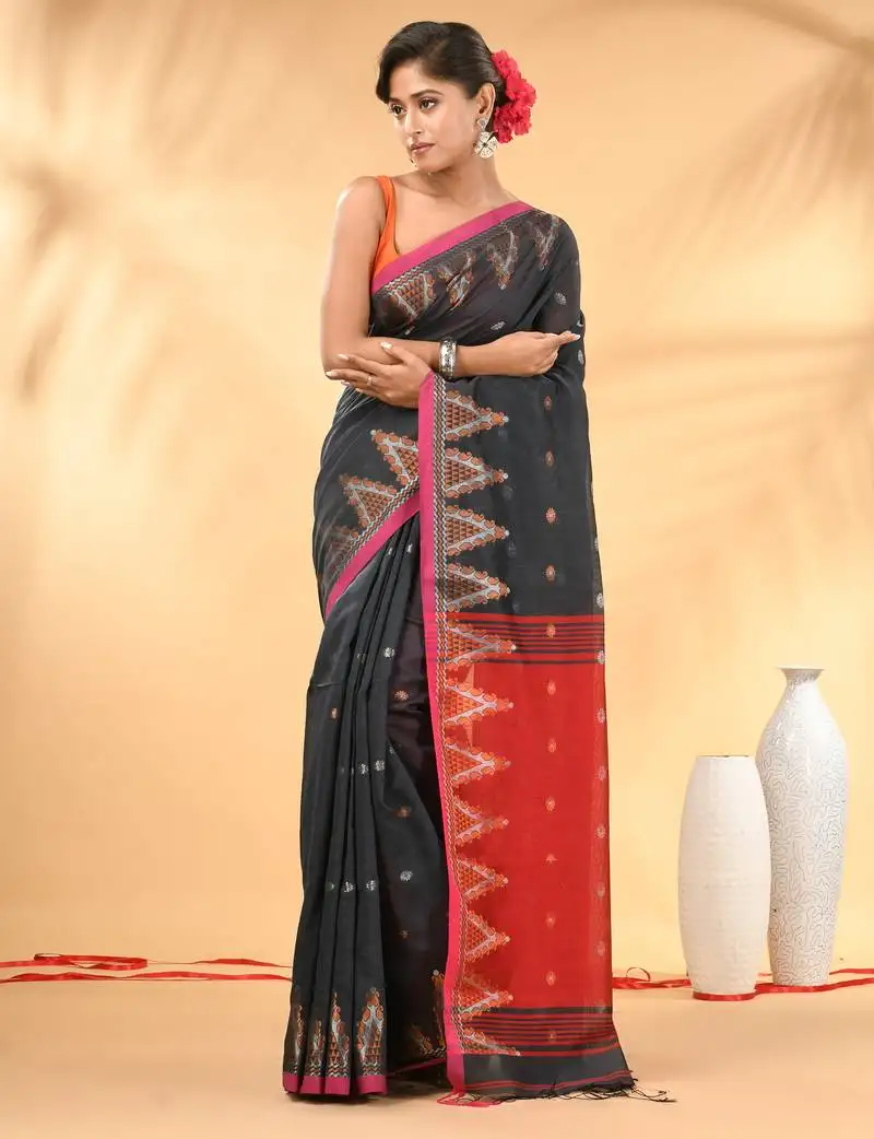 Charcoal and red cotton blend saree with ethnic motifs