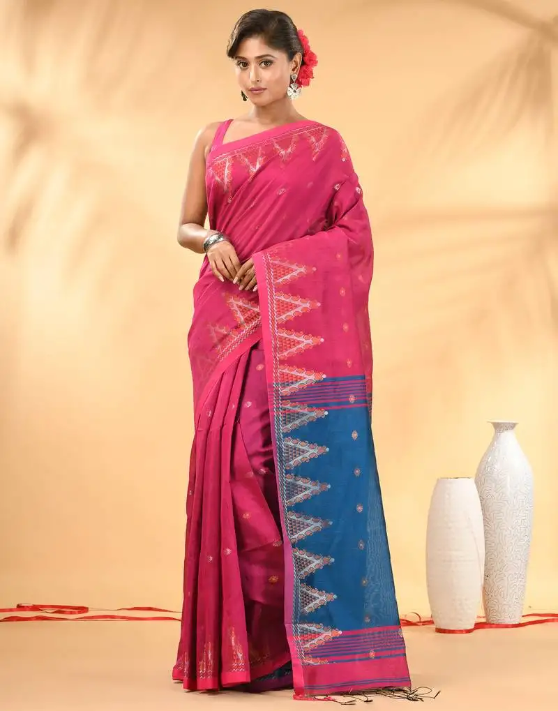 Pink and blue cotton blend saree with ethnic motifs