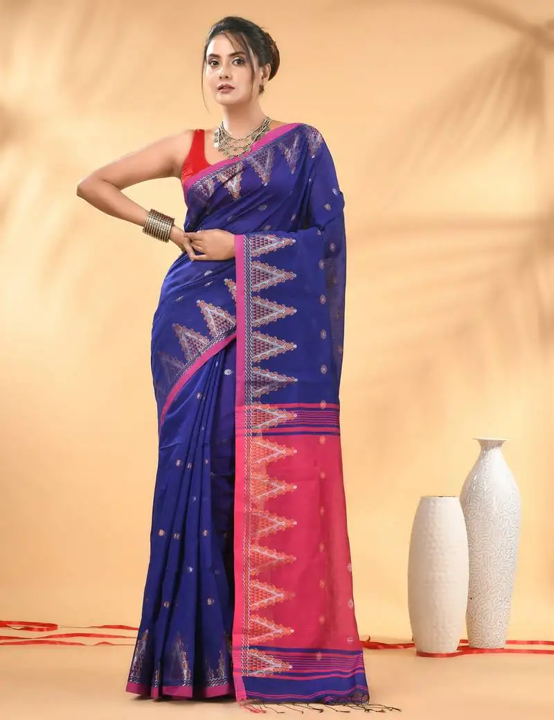 Royal blue and pink cotton blend saree with ethnic motifs