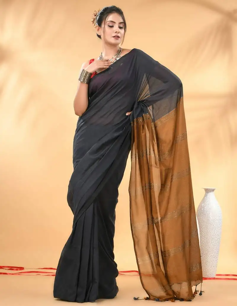 Grey and mustard soft cotton saree with zari strpie pallu